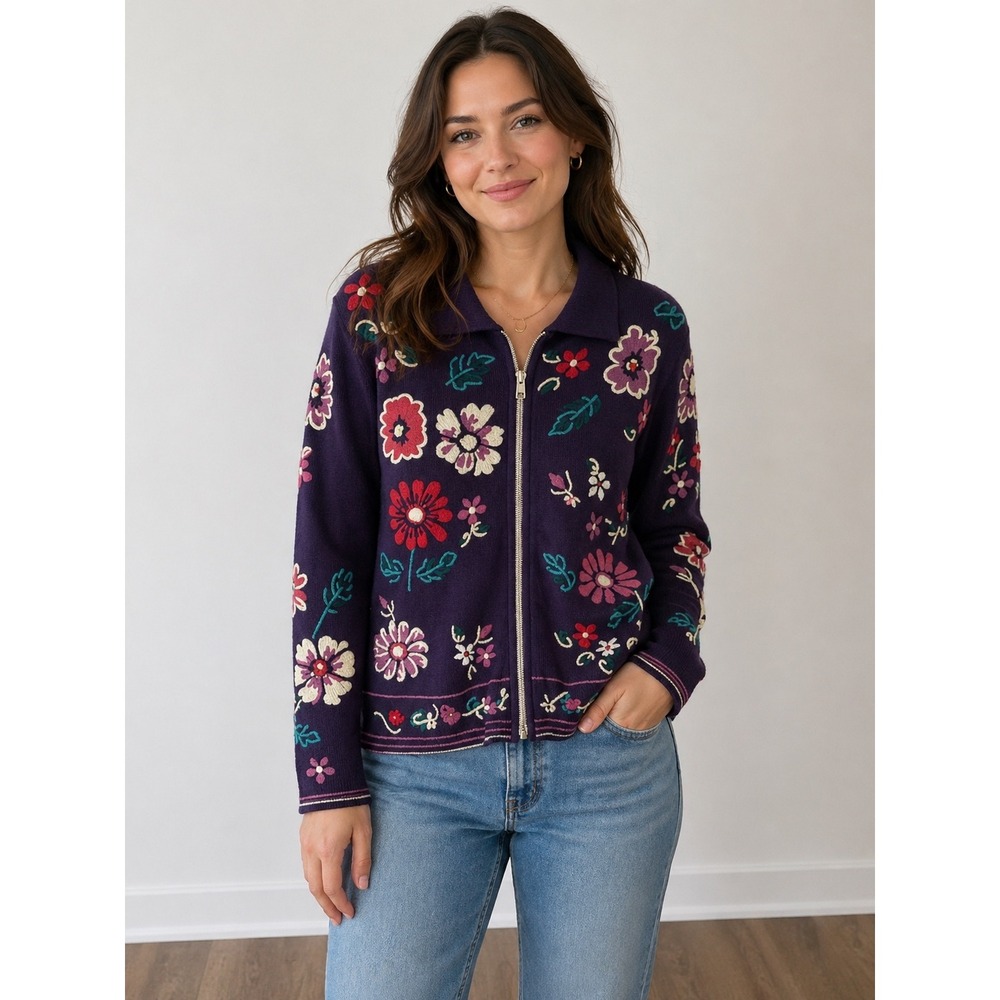 TANJAY Embroidered Floral Cardigan Sweater Women's Medium Purple Full Zip Knit